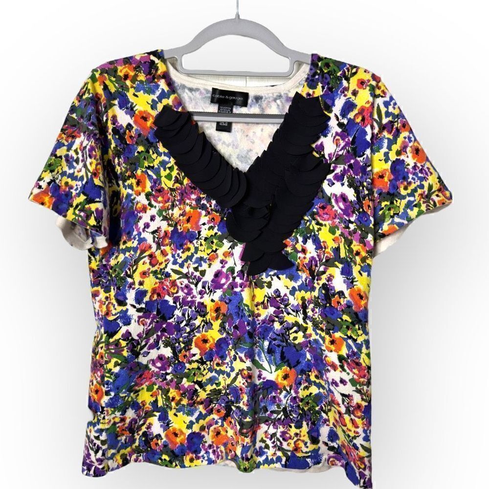 Cable & Gauge floral White Blue Black yellow short sleeve Shirt Size L cotton/ny